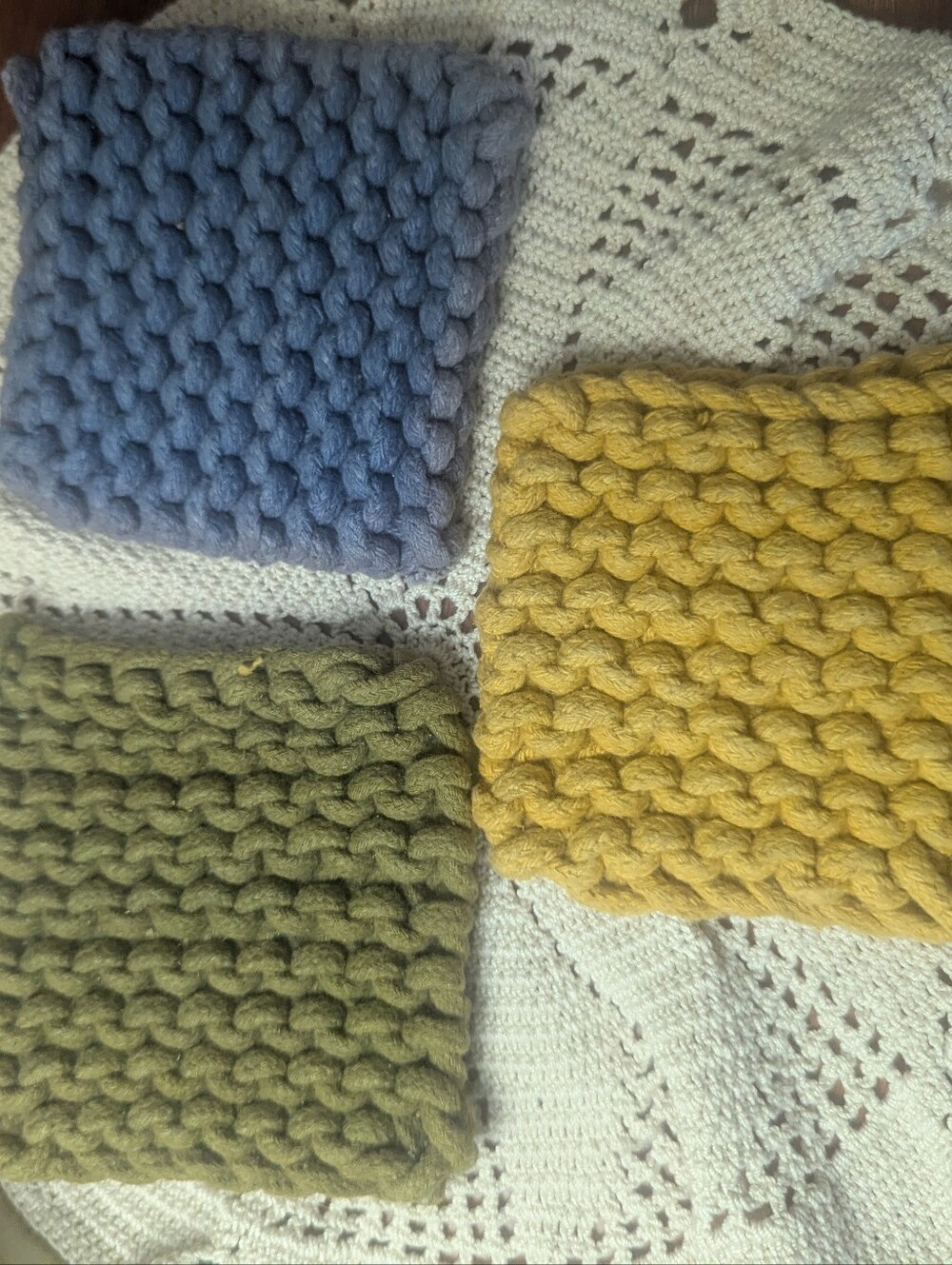 Chunky Knit Coasters r - Olive, Mustard, Blue
